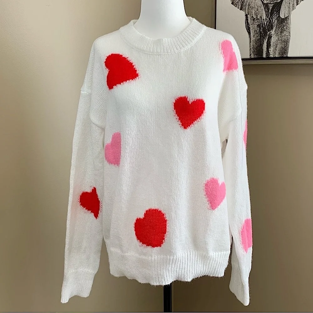 NWOT SHEIN Heart Pattern Pullover Knit Sweater - Picture 1 of 10